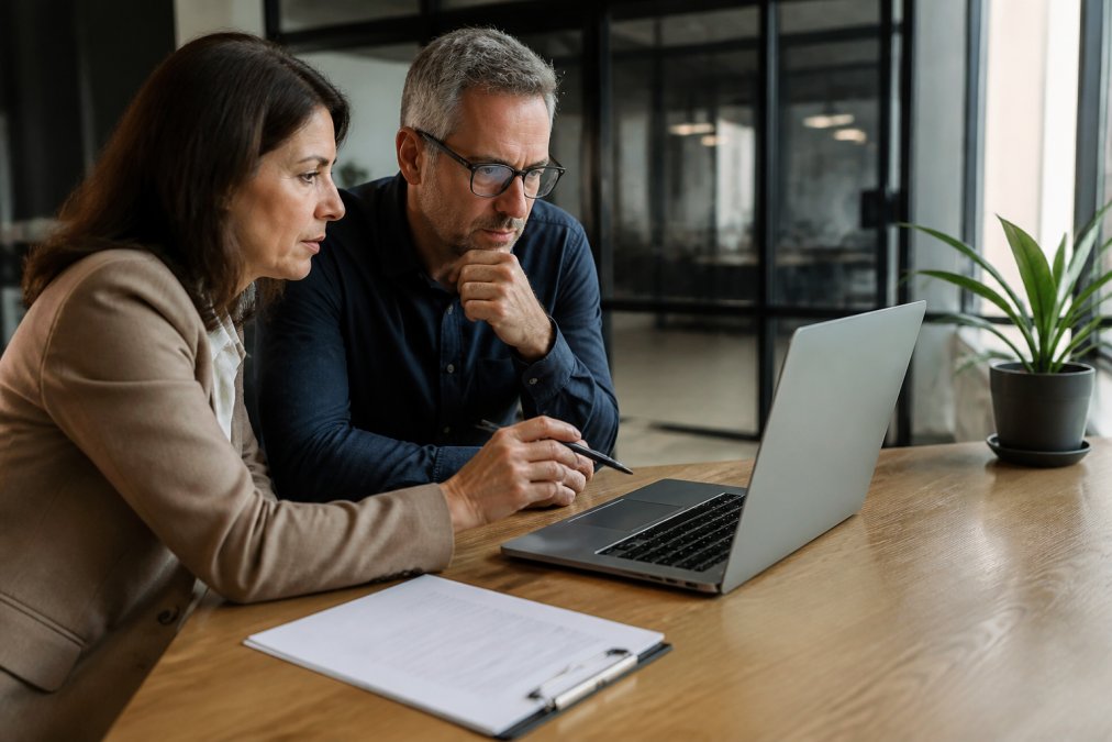 A business owner and a consultant reviewing a spreadsheet on a laptop screen in a modern office, with a printed checklist on the desk