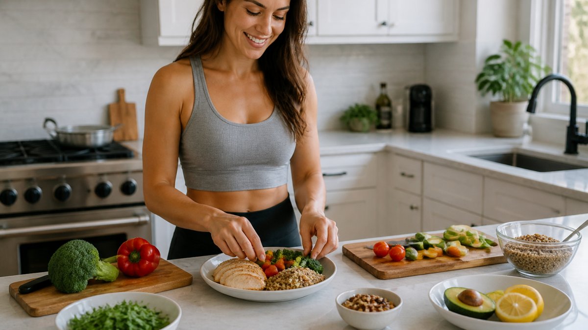 Woman preparing a balanced meal of lean protein and vegetables for fixing metabolic health for weight loss