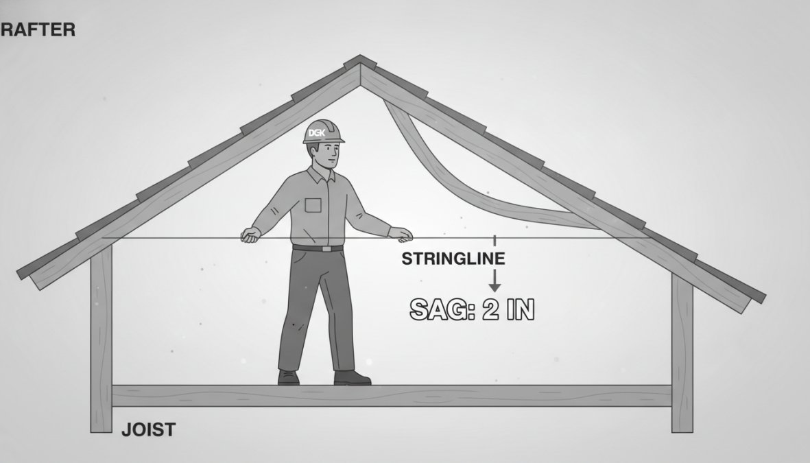 Close-up of a homeowner using a stringline to measure roof sag from inside an attic, showing the visible dip in the roofline against the taut string, with natural light filtering through attic vents