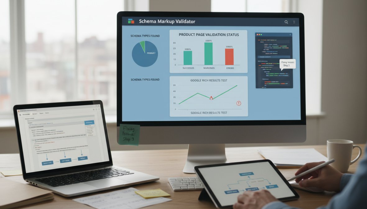 A screenshot of a spreadsheet or document listing schema errors found on an e-commerce website, categorized by type and priority