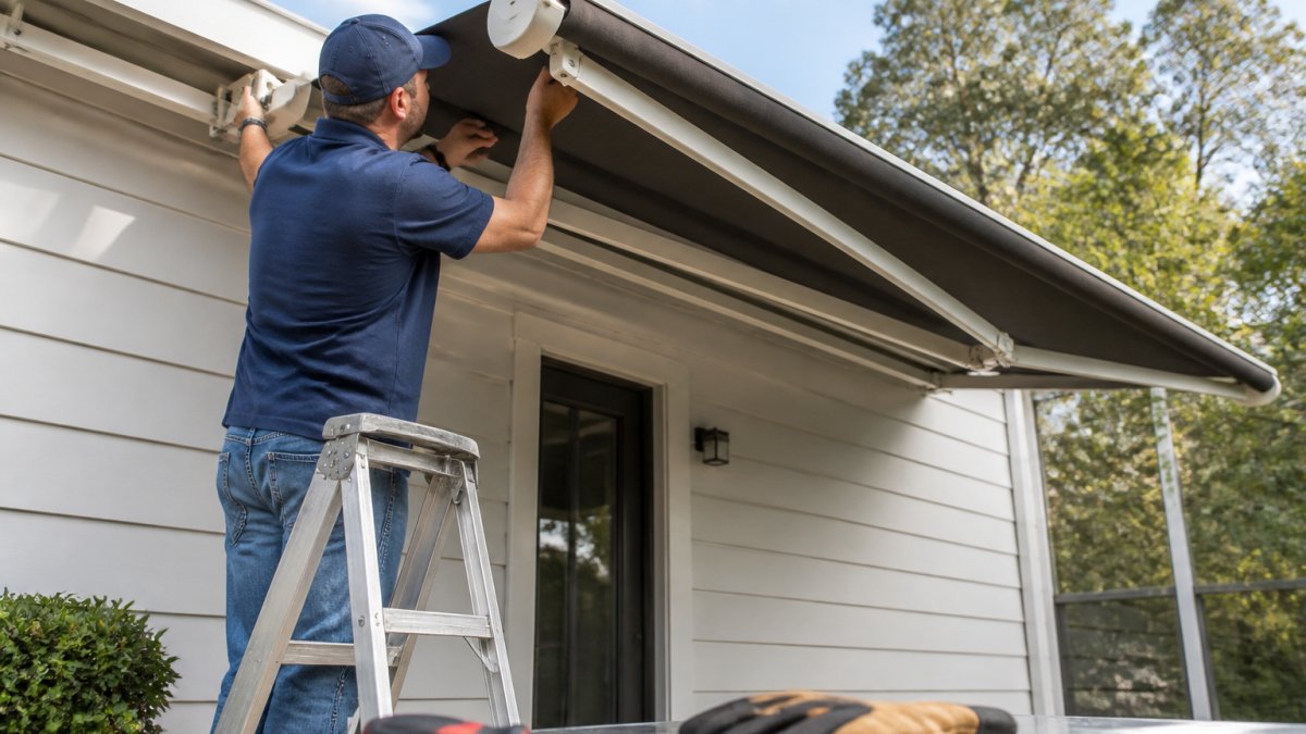 A homeowner on a stepladder inspecting the folded arms and fabric of a retractable patio awning attached to a house, with a screwdriver and work gloves nearby