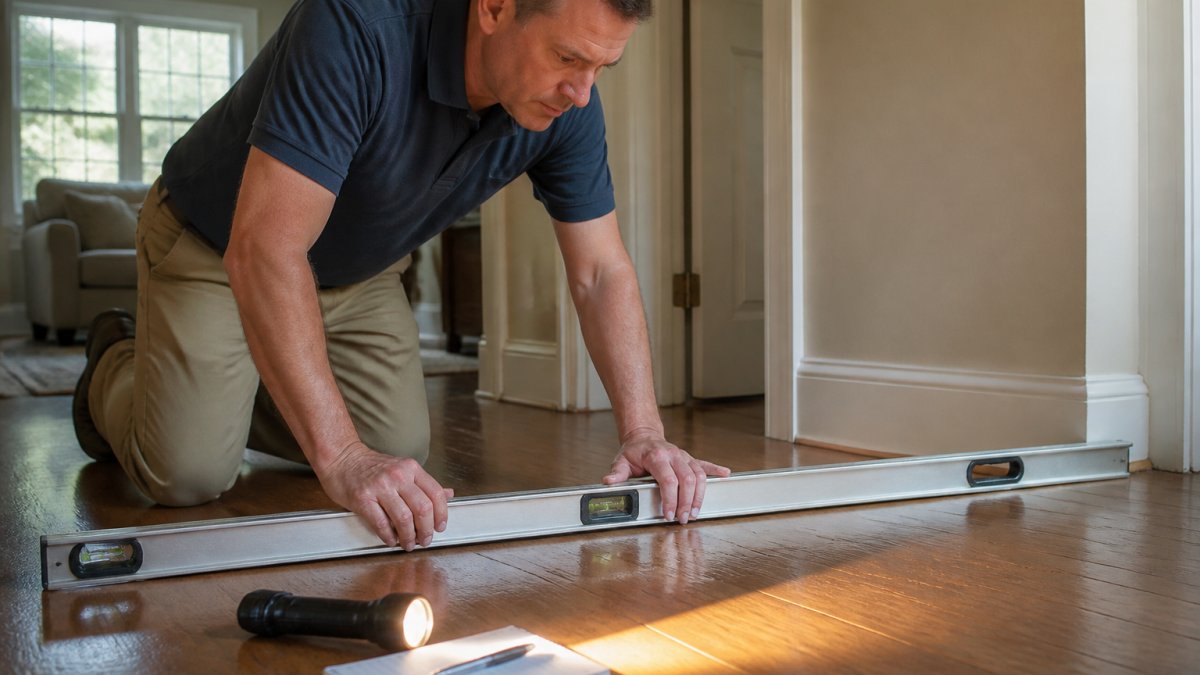 A homeowner kneeling on a hardwood floor placing a long spirit level across the boards, with a flashlight and notepad nearby, showing a visible gap under one end of the level
