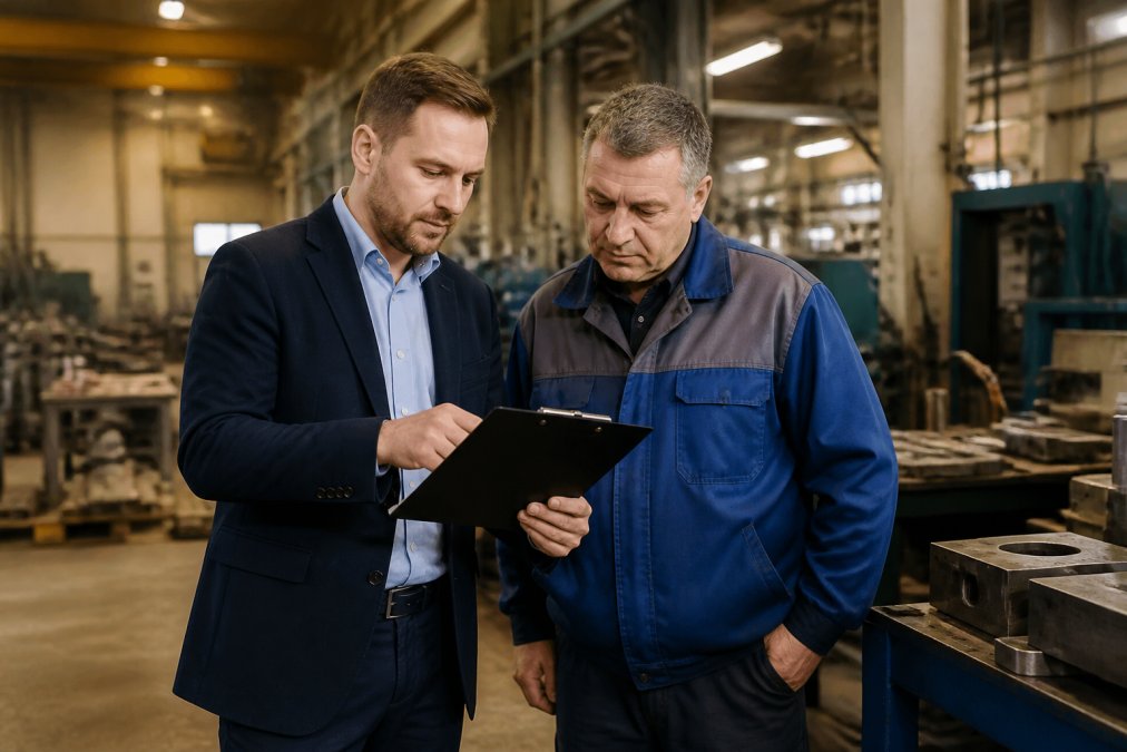 Ein Berater im Gespräch mit einem Betriebsleiter in einer Produktionshalle, beide schauen auf ein Klemmbrett mit Sicherheitsdokumentation, warmes Industrielicht im Hintergrund