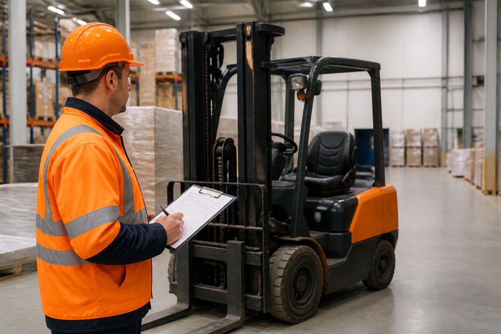 Ein Prüfer in orangefarbener Sicherheitskleidung und Helm kontrolliert einen Gabelstapler in einem Logistikzentrum, hält ein Prüfprotokoll auf einem Klemmbrett in der Hand, helles Hallenlicht