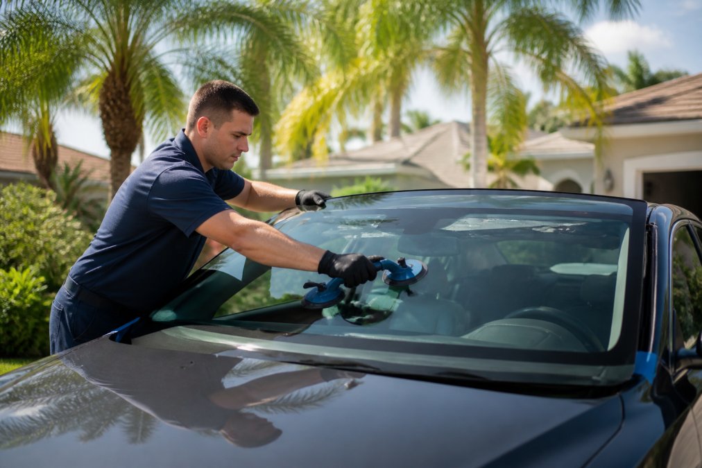 A technician in a navy blue uniform carefully installing a new windshield on a modern sedan parked in a sunny Florida residential driveway, using a professional suction tool