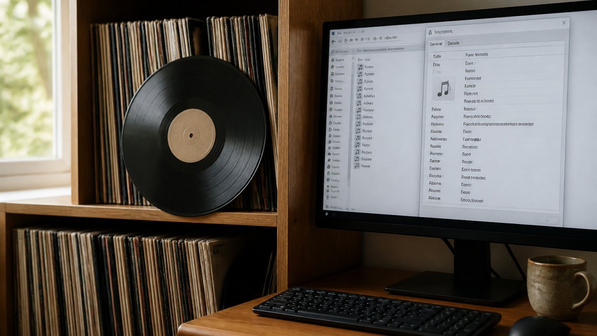 Vinyl records arranged on a wooden shelf next to a computer monitor displaying digital audio files with metadata tags visible on the screen, natural window lighting