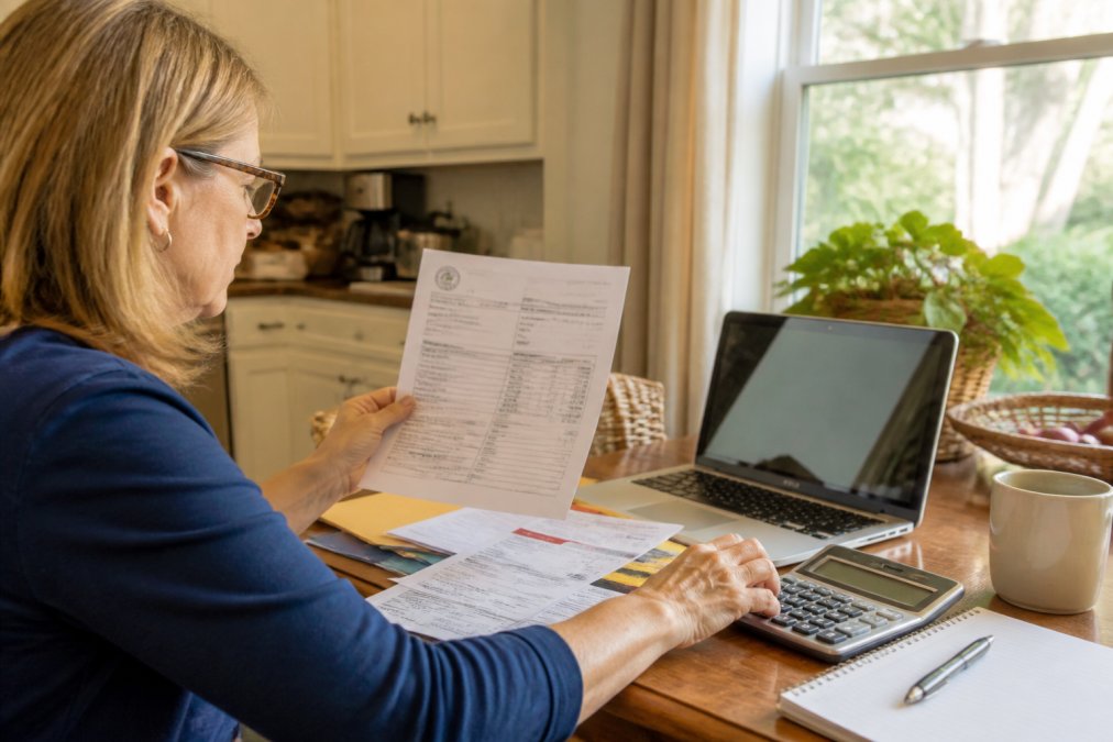 Homeowner using a laptop and calculator to estimate a Flagler County property tax bill at a kitchen table.