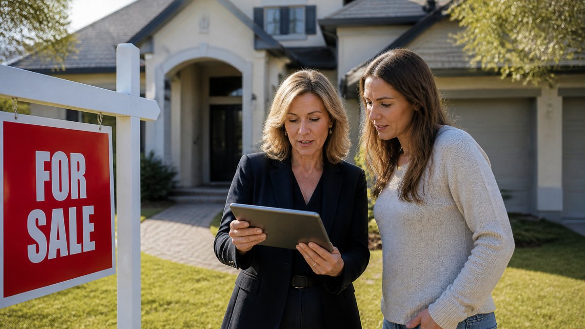 Real estate agent standing in front of a residential home with a For Sale sign, reviewing market data on a tablet with a homebuyer in natural daylight