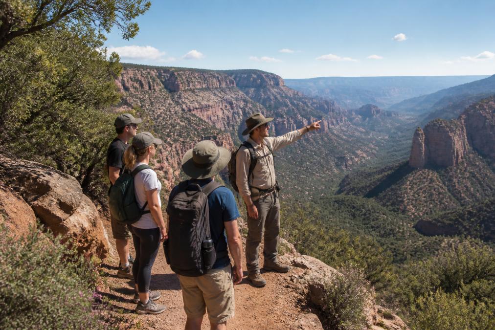 A small group of hikers on a scenic canyon trail with dramatic canyon vistas and rock formations in the background, a professional guide pointing out geological features or wildlife to engaged hikers