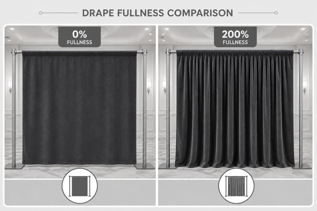 Close-up of two drape panels hung side by side on a silver pipe system in a hotel ballroom, the left panel hangs flat and smooth while the right panel is gathered at 200% fullness showing deep, rich folds in charcoal velour fabric, warm overhead lighting