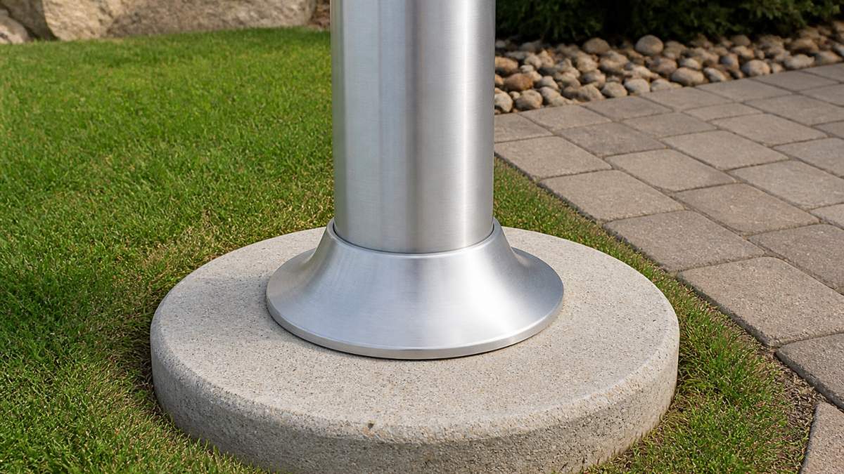 Diagram illustrating the proper placement of a satin aluminum collar around a flagpole base at ground level