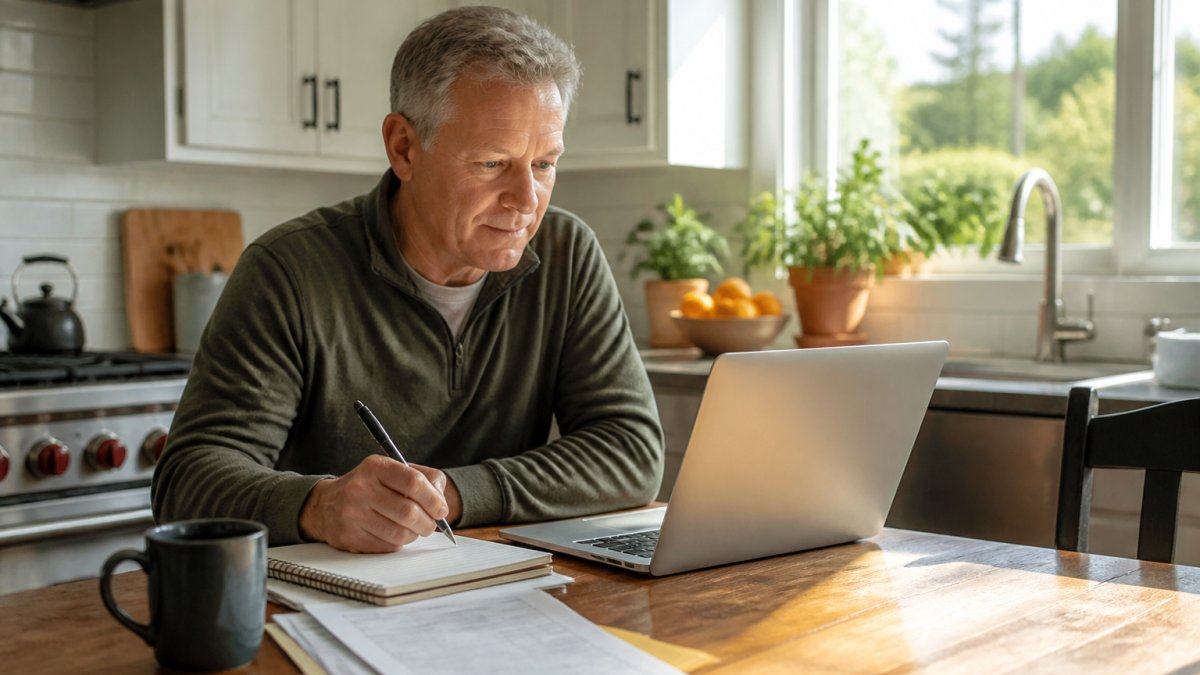 A person in their late 50s sitting at a kitchen table with a laptop, reviewing financial advisor profiles and taking notes on a notepad, warm morning light through the window
