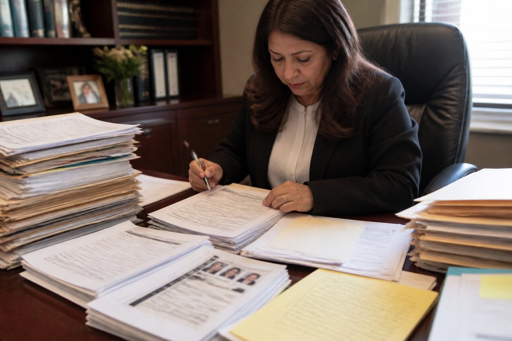 Immigration lawyer reviewing stacks of case files and supporting documents spread across a workspace, with notes and evidence organized for case analysis, professional office lighting