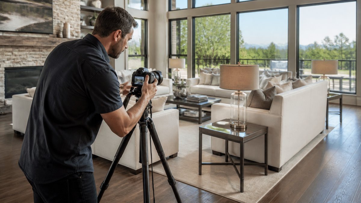 A professional real estate photographer adjusting a tripod-mounted camera in a spacious, sunlit luxury living room with floor-to-ceiling windows and high-end furnishings