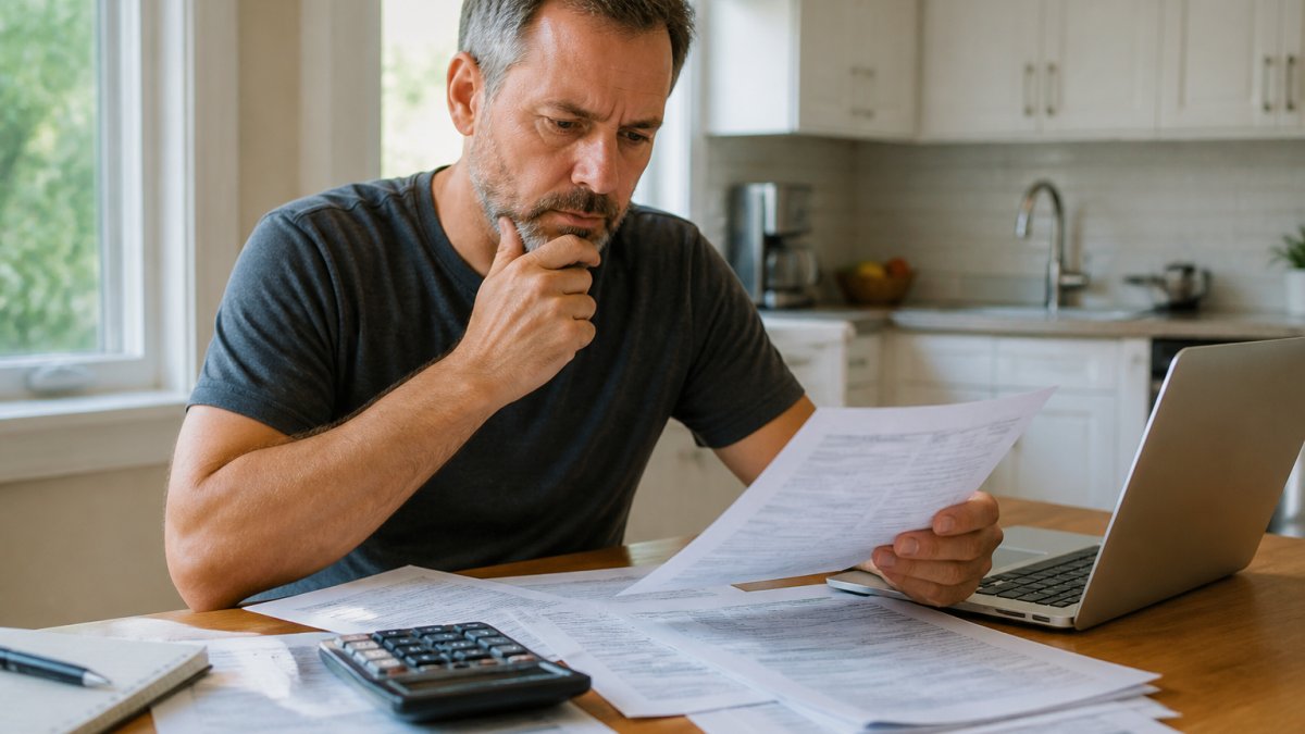 Homeowner reviewing property tax documents and bills at a kitchen table with a calculator and laptop, looking focused and thoughtful