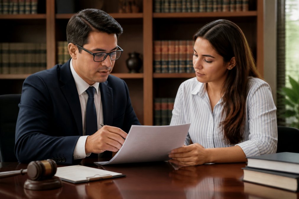 A professional attorney in a suit sitting across a desk from a client, both reviewing documents together in a warm, well-lit office with bookshelves in the background