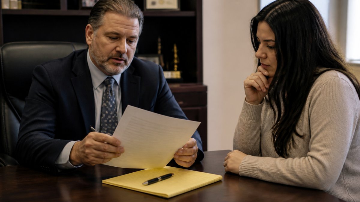 A criminal defense attorney and a client reviewing a printed fee agreement across a desk in a modest law office, with a legal pad and pen between them