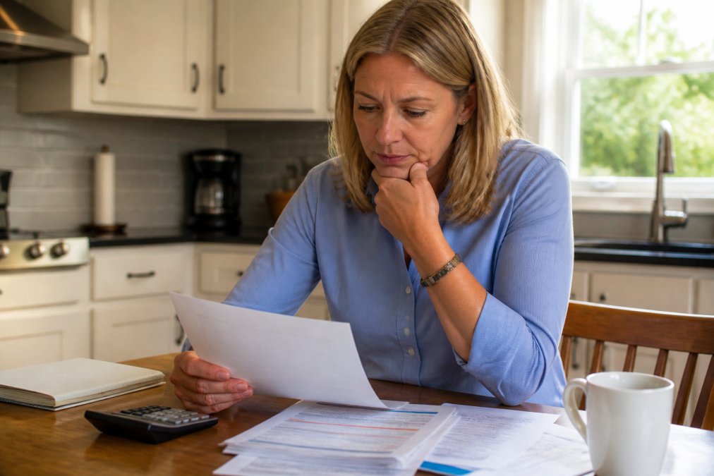 A homeowner in a bright kitchen reviewing property tax documents and a calculator at the table, laptop open to a county assessment portal, morning light through the window