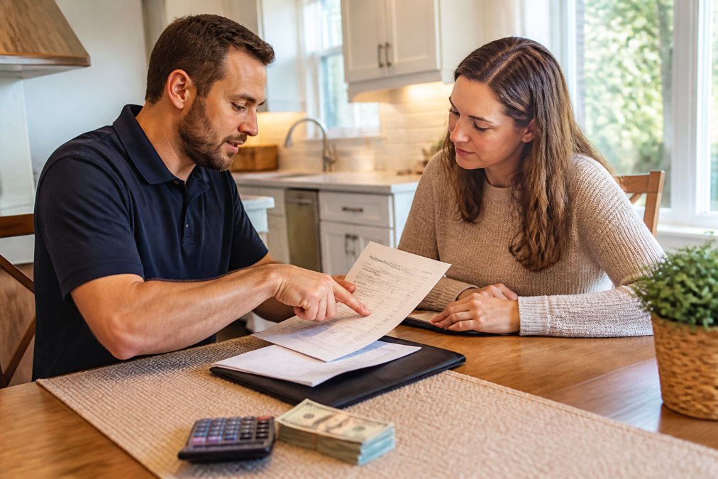 A uniformed technician in a clean polo shirt reviewing a printed service agreement with a female homeowner at a kitchen table, pointing to a clear price line on the document while natural daylight fills the room