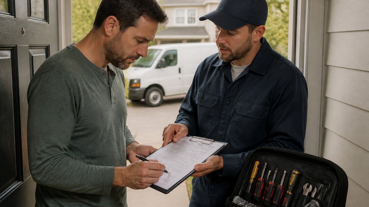 Homeowner in casual clothing reviewing a written locksmith quote and service agreement at their front door, carefully examining itemized costs and terms with a pen in hand, natural daylight