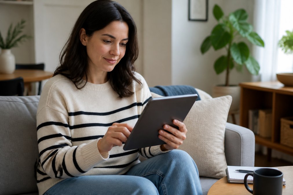 Homeowner smiling while reviewing a flat rate vs hourly cleaning quote on a tablet in a bright living room