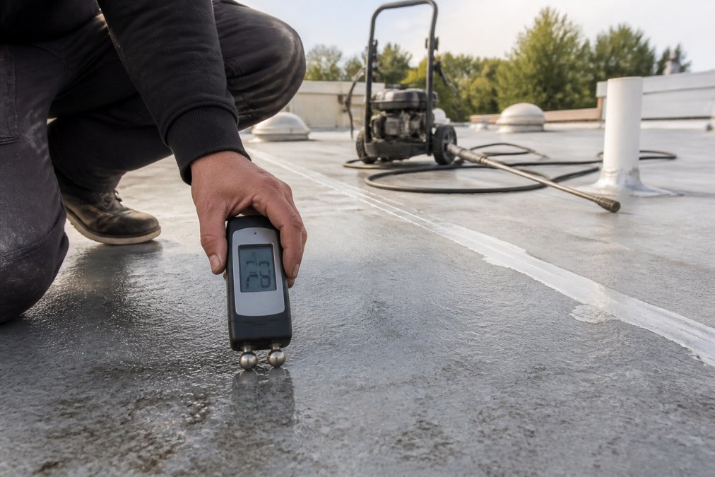 Close-up of a technician using a moisture meter on a prepared roof surface, with pressure-washing equipment and sealed seams visible in the background