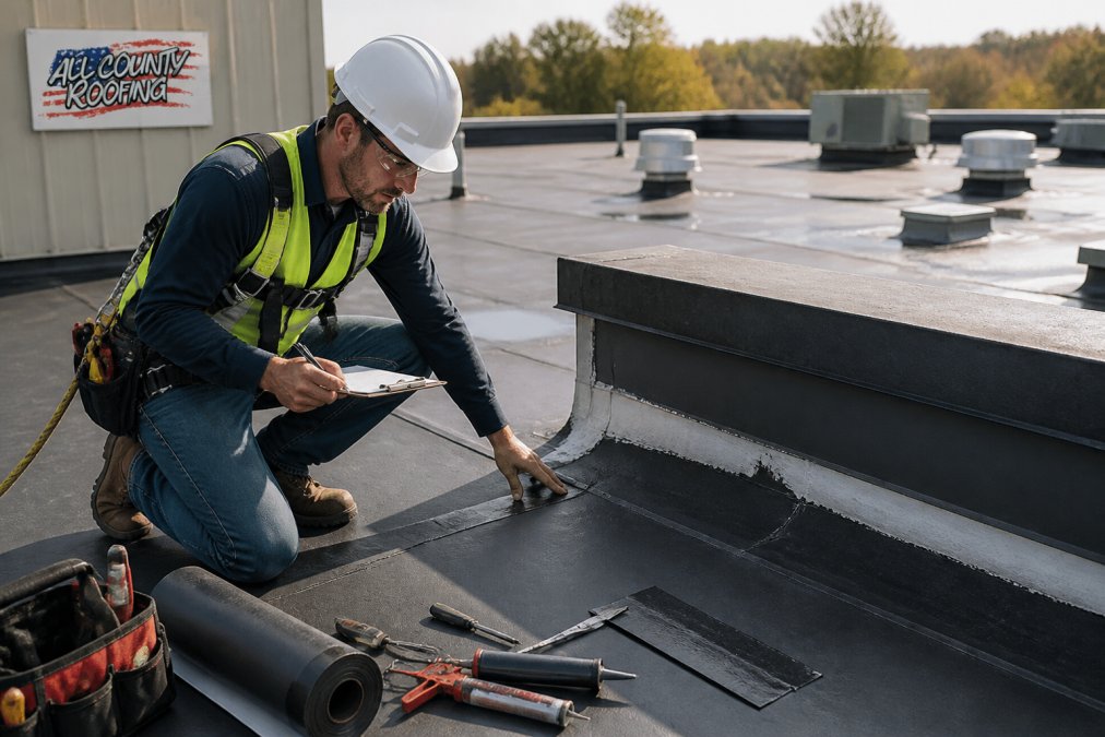 Professional contractor inspecting a flat roof for top flat roof companies.