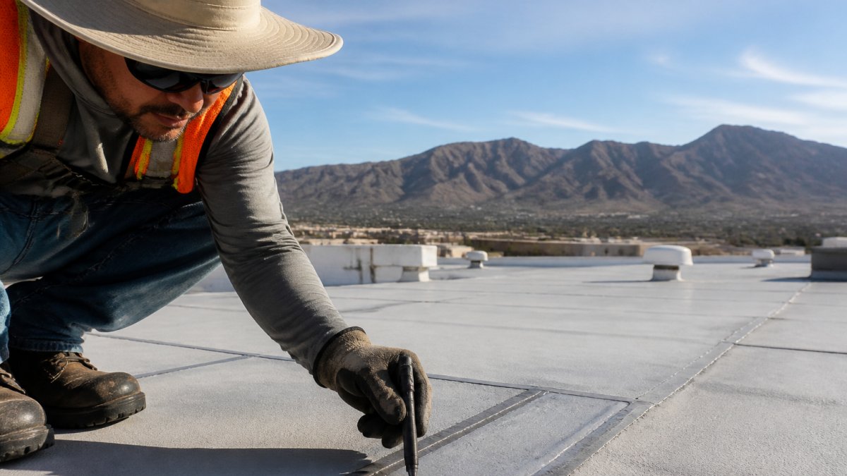A flat roof contractor in safety gear and a wide-brim hat inspecting a low-slope commercial roof in El Paso, Franklin Mountains visible in the background, harsh desert sunlight casting sharp shadows across the membrane
