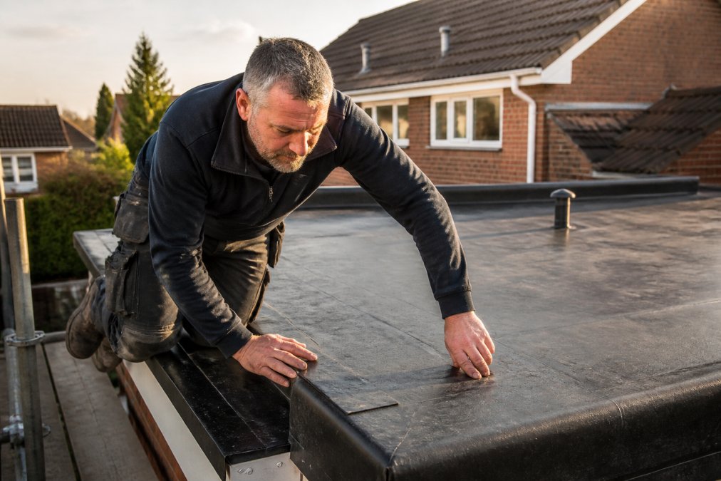 A professional roofer in workwear inspecting a new flat rubber roof on a UK residential extension, checking the membrane seams and edge detailing in afternoon light