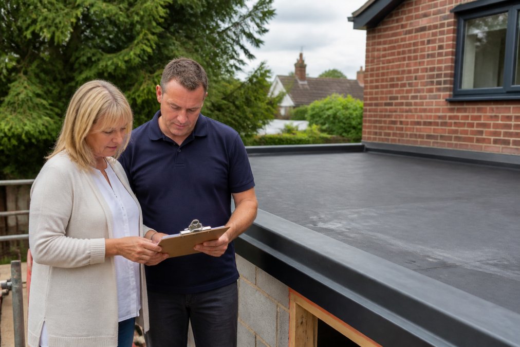 A UK homeowner and a roofing contractor standing beside a flat roof extension, reviewing documents on a clipboard under natural daylight
