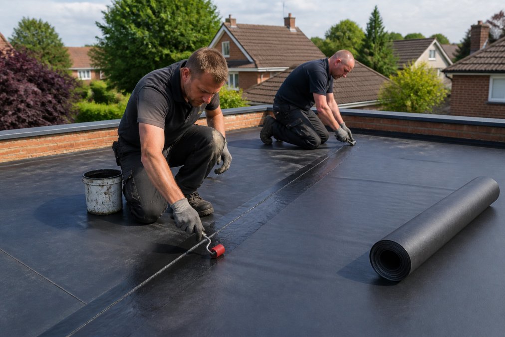 Professional roofing team installing EPDM rubber membrane on a flat roof, workers applying adhesive and securing seams with tools visible, bright daylight on residential property
