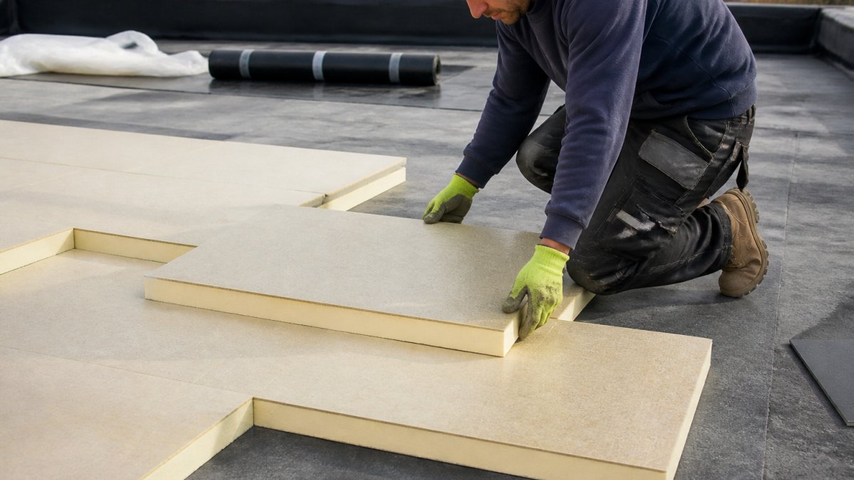 Professional roofer installing rigid insulation boards onto a flat roof deck, showing proper layering and alignment with roofing membrane materials visible in background