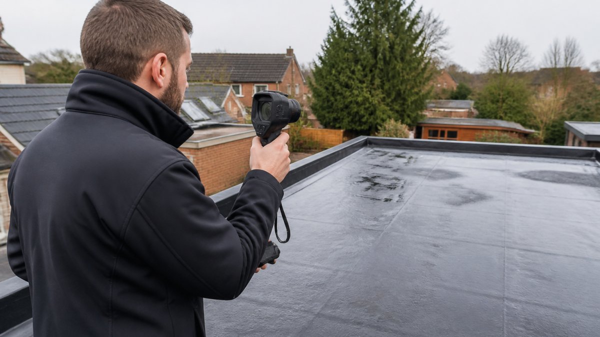 Surveyor using a thermal camera to assess flat roof leak detection cost on a sunny day