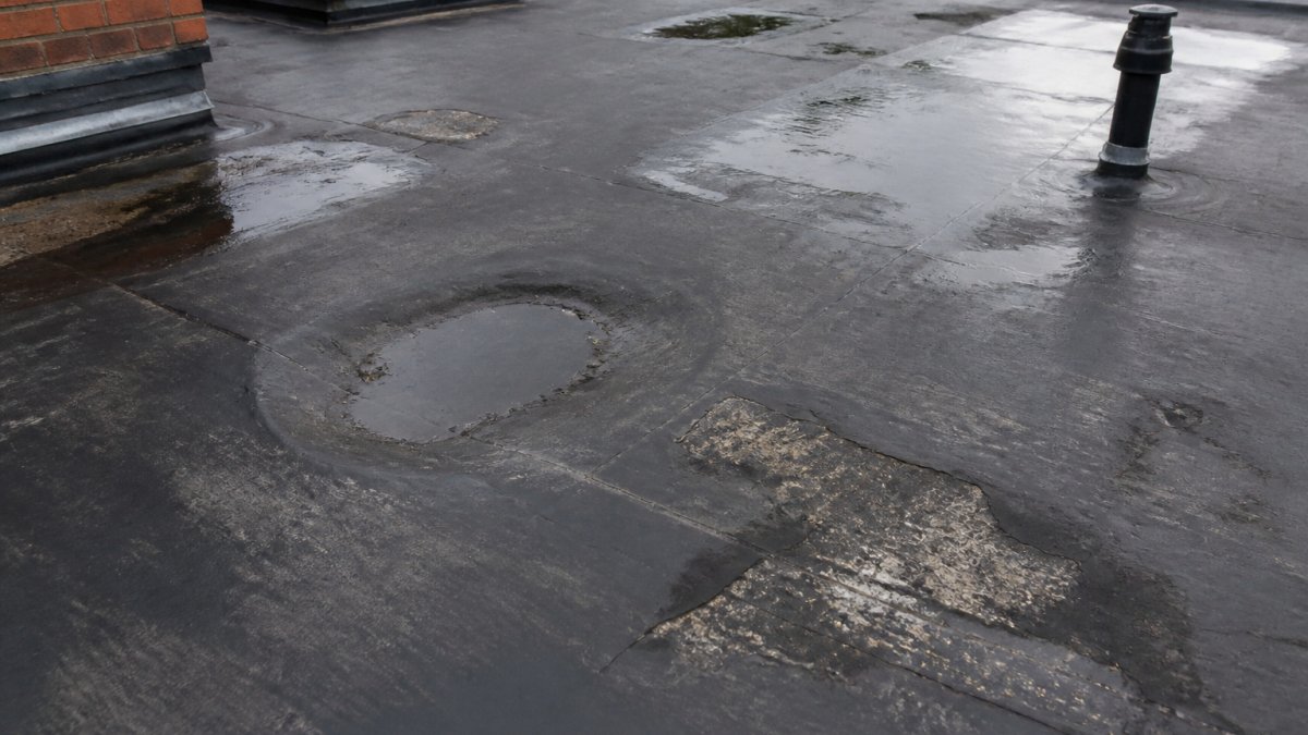 Infographic illustrating how weather damage and pooling water reduce flat roof lifespan and membrane integrity.