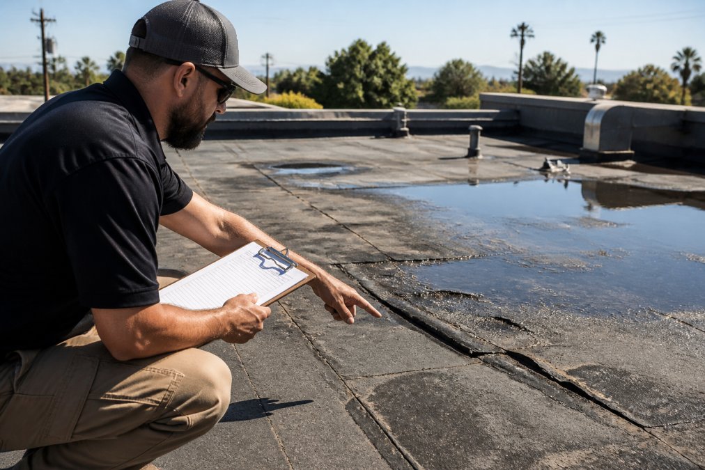 Professional technician holding clipboard while pointing to areas of flat roof surface showing blistering, seam separation, and ponding water during inspection in daylight