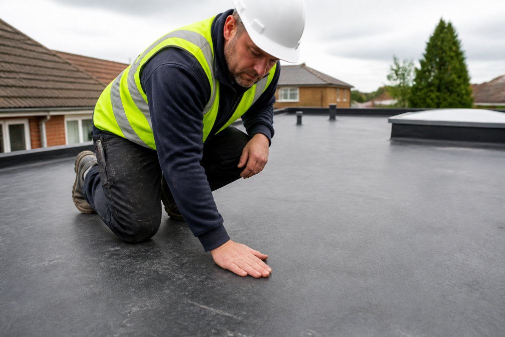 Close-up of a professional roofer in workwear kneeling on a flat roof, running a hand over the EPDM membrane surface to check for tears and blistering on a bright overcast day