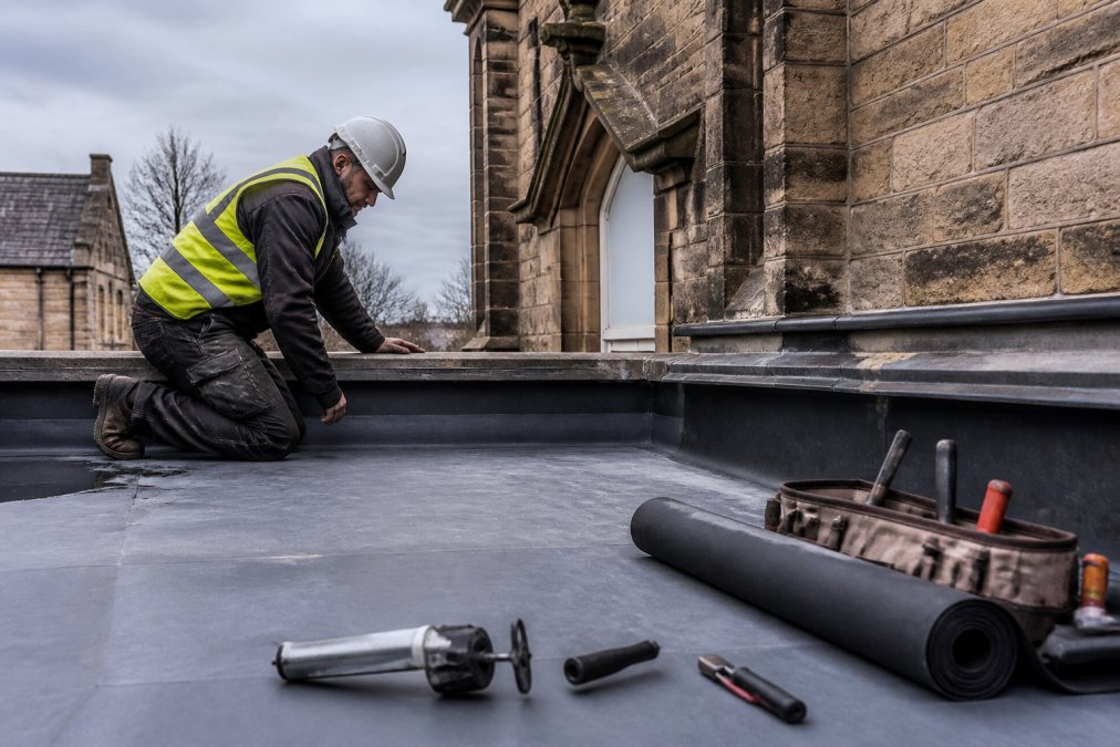 A roofing contractor in safety gear inspecting a flat roof on an older stone building, with heritage brickwork visible and tools nearby