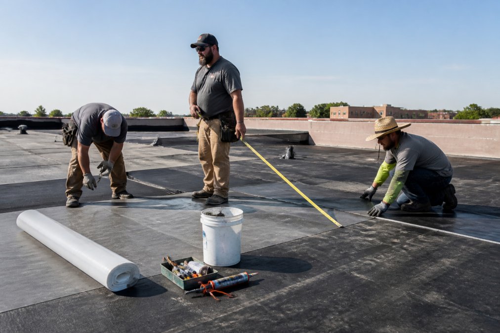 Professional roofing crew working on a commercial flat roof with safety equipment, measuring tools, repair materials visible, bright daylight illuminating the work area