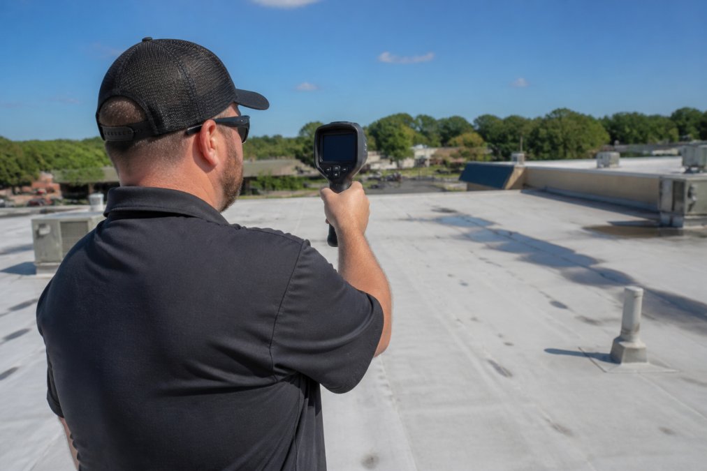 Professional roofer using a thermal imaging camera to detect leaks during flat roof repair for retail centers.