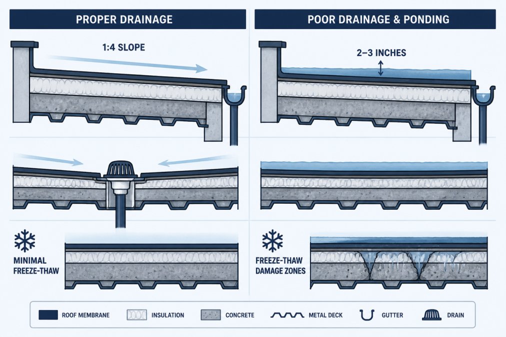 Watercolor cross-section diagram showing proper flat roof drainage system with 1:4 slope toward gutters, interior drain pipe, standing water comparison showing 2-3 inches of ponding versus proper slope, and freeze-thaw damage zones