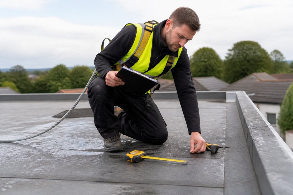 Professional roofing contractor in high-visibility clothing and safety harness inspecting flat roof surface with clipboard, measuring tape, and inspection equipment visible