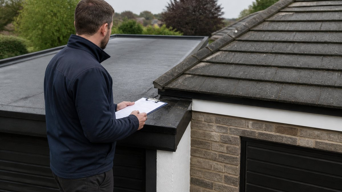 Professional roofer inspecting and comparing a flat garage roof section alongside a pitched roof section, showing the visible slope difference in natural daylight