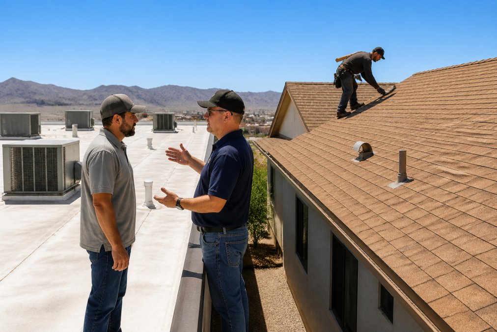 Side-by-side view of a commercial flat roof and a residential pitched roof on adjacent buildings in El Paso, clear blue sky, bright desert sunlight