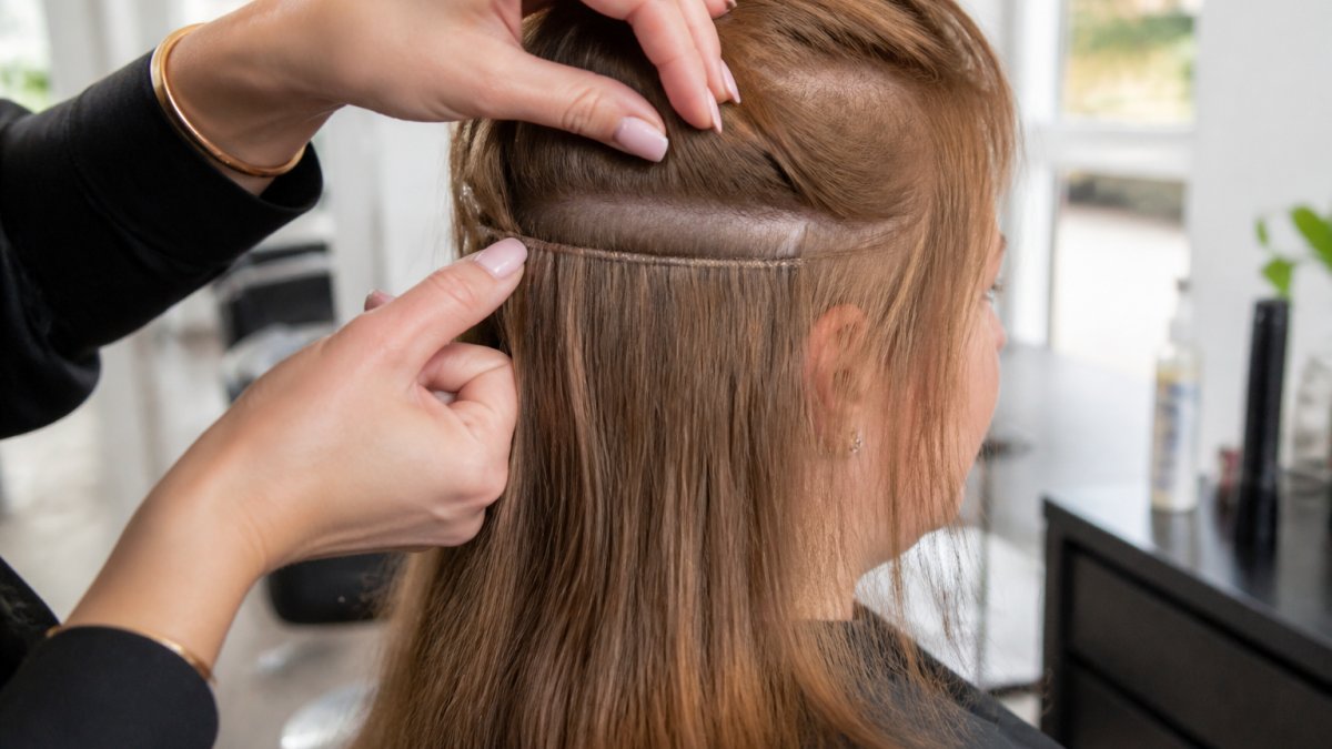 Stylist lifting fine light-brown hair to reveal a flat weft extension secured closely against the scalp