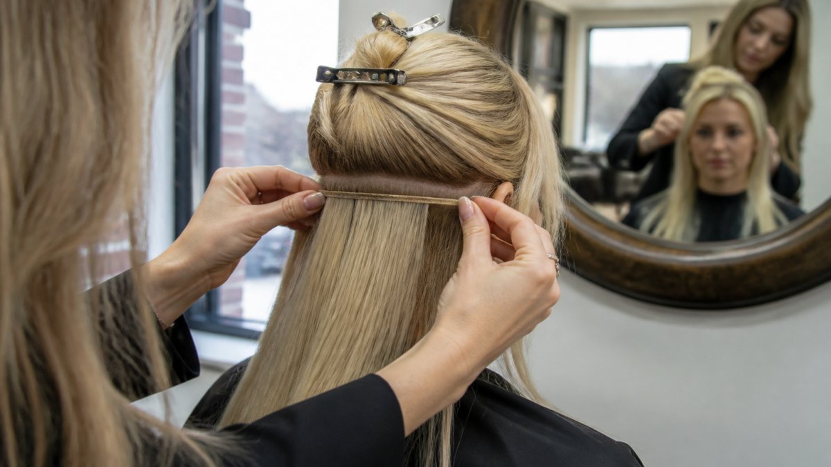 Close-up of a stylist's hands sectioning fine blonde hair at the nape and positioning a thin flat weft close to the scalp, with sectioning clips and a tinted mirror in a bright salon