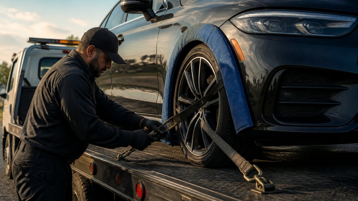 Professional tow truck operator carefully securing luxury sedan to flatbed with protective padding and tie-down straps, showing proper securement technique in daylight