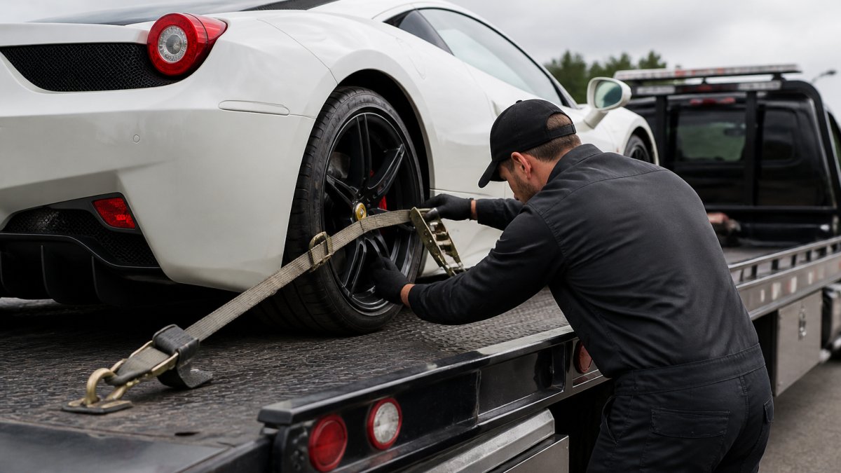 Professional tow operator securing a high-end luxury sports car onto a flatbed trailer using wheel straps and tie-downs, demonstrating proper loading technique and equipment positioning