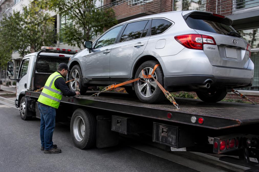 A flatbed tow truck with a silver AWD SUV fully loaded and secured with orange straps on a city street during daytime, driver in a safety vest checking the wheel straps