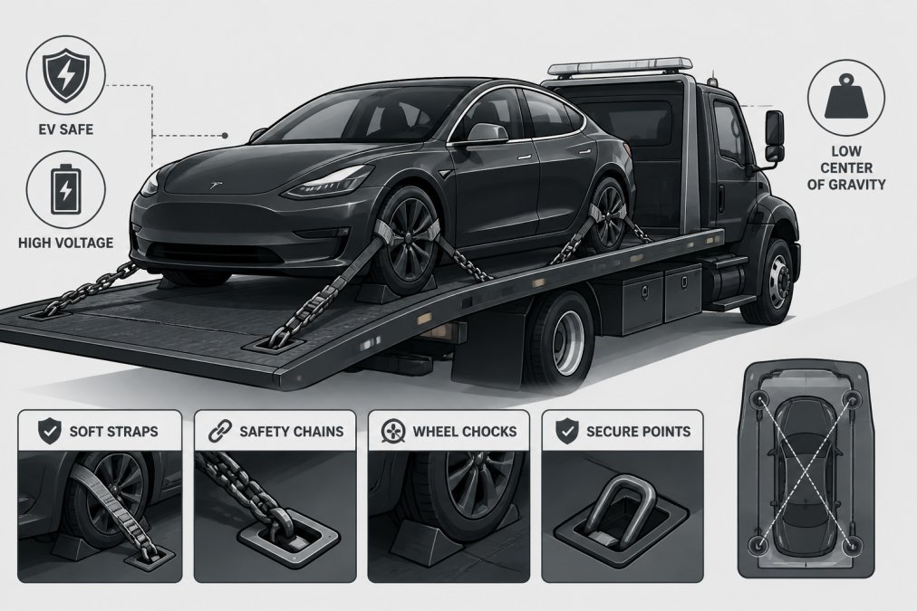 Modern electric vehicle being carefully secured onto a flatbed tow truck platform with professional tie-down straps and safety chains, showing the precision and care required for EV transport