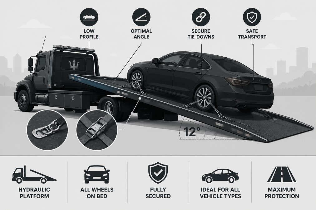 Professional flatbed tow truck with hydraulic platform positioned at optimal angle, showing the low-profile design and secure tie-down system during vehicle loading in daylight conditions